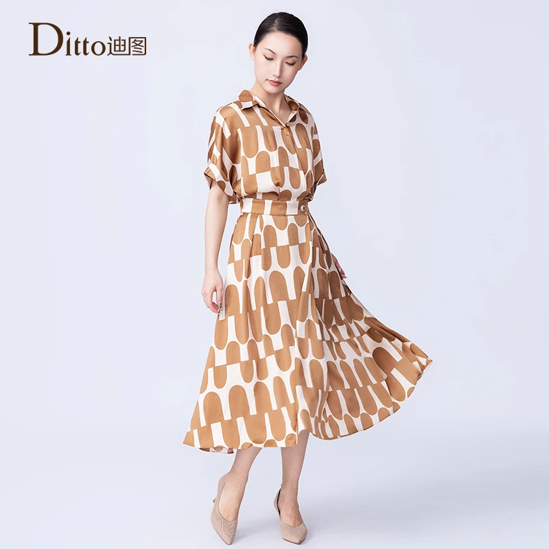 夏季复古翻领印花收腰显瘦气质时尚休闲优雅女装连衣裙GUAD808