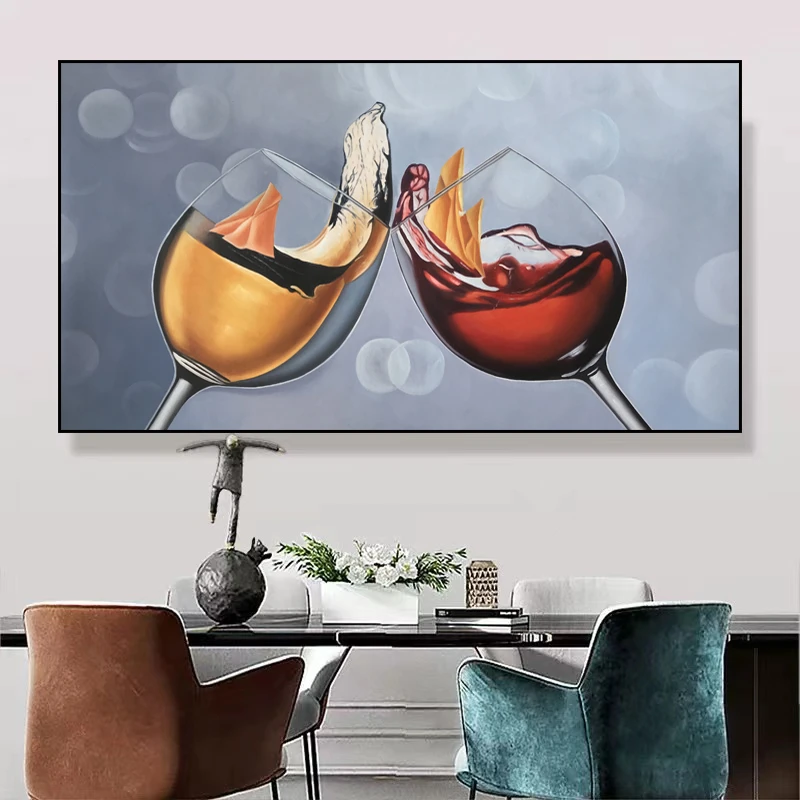 现代简约餐厅装饰画创意手绘酒杯饭厅轻奢横版单幅无框画芯60x110