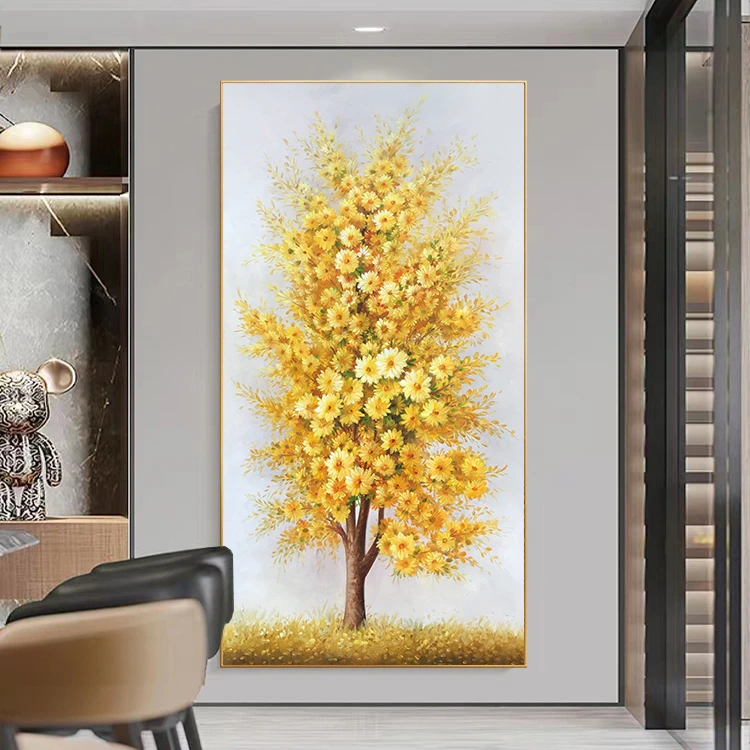 手绘发财树寓意玄关油画现代入户走廊美式装饰画竖款含框70x130cm