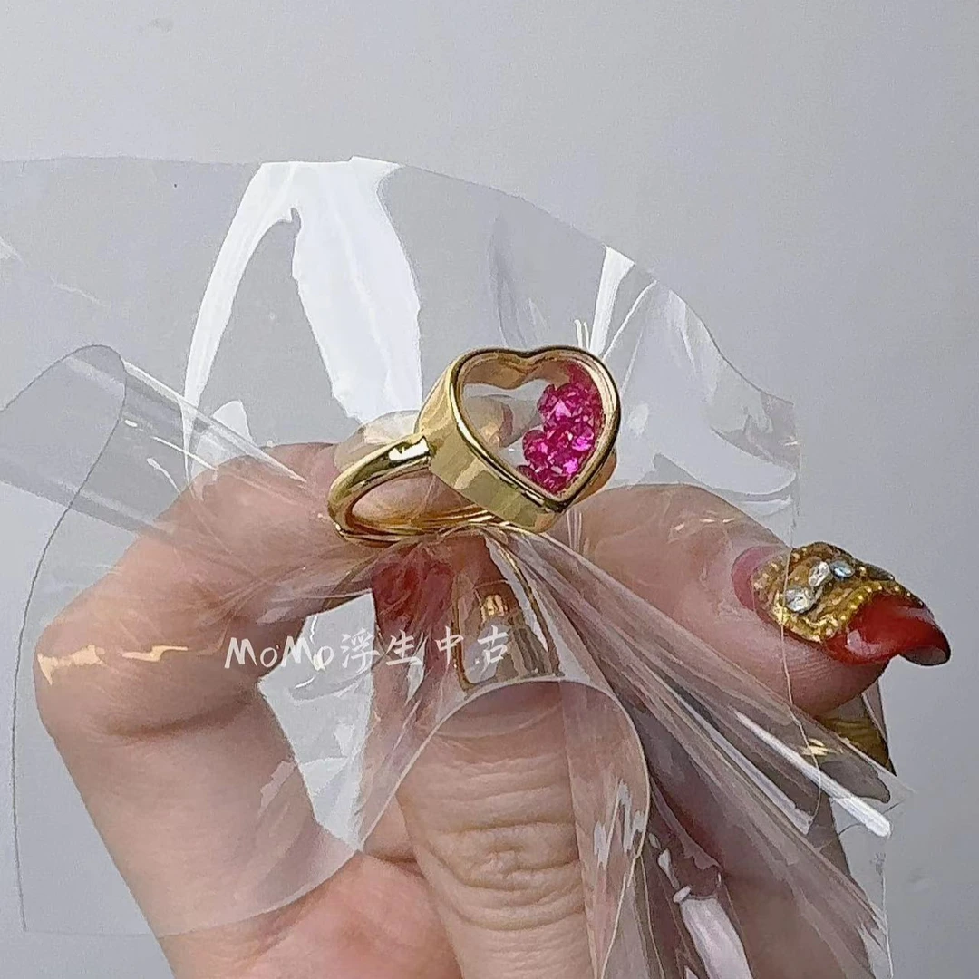 铜合金戒指 中古vintage百搭复古彩色镶嵌流动的心小众戒指