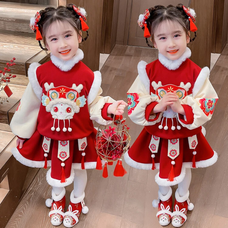 女宝宝龙年拜年服古装汉服洋气女小童中国风加绒连衣裙元旦演出服