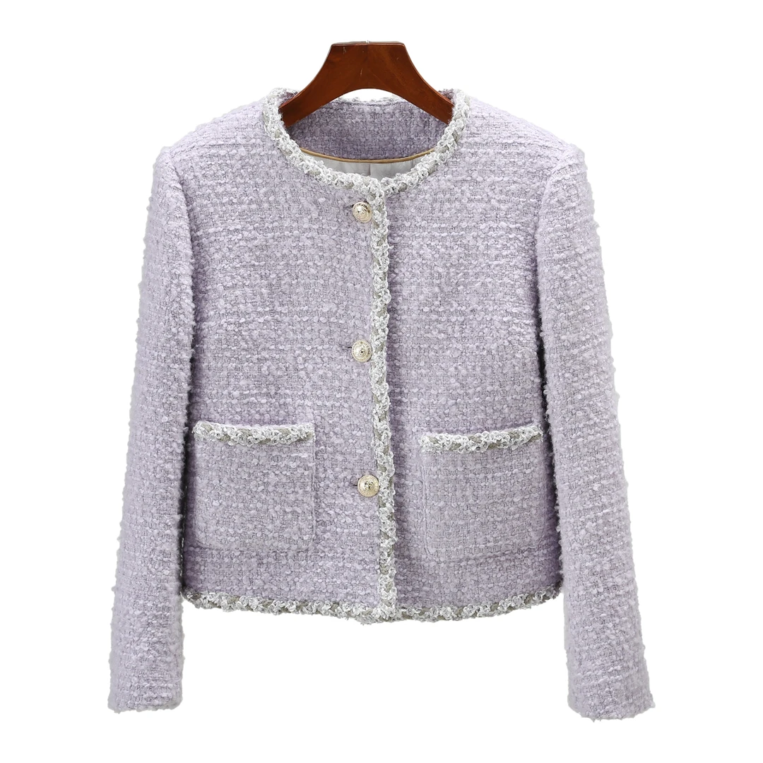 时尚新款紫丁香名媛风高端气质紫色粗花呢小香风外套28100