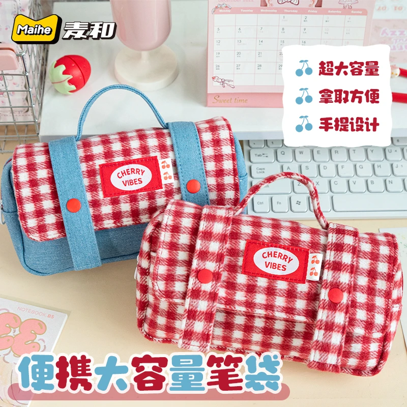 红格子手提笔袋樱桃氛围百搭上课通勤大容量少女心可爱铅笔文具盒
