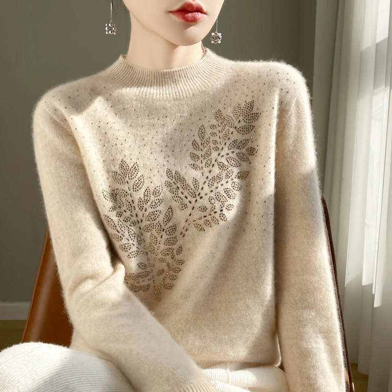 气质拉满！一线成衣100纯羊绒衫女半高领烫钻树枝毛衣针织衫F