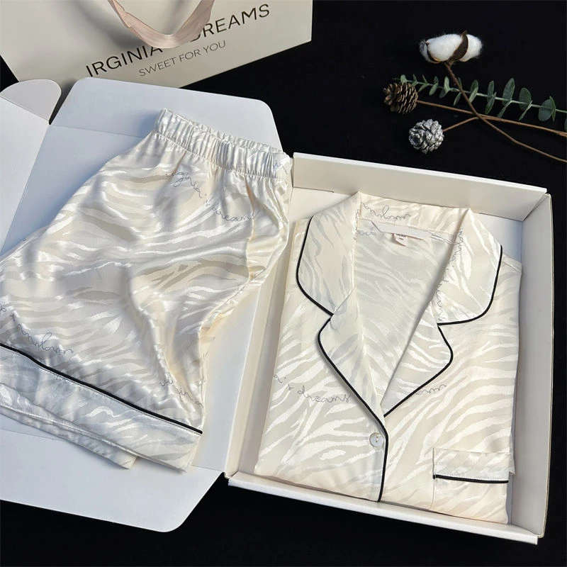 ins睡衣女夏季冰丝短袖短裤薄款高级感虎纹家居服套装夏天可外穿