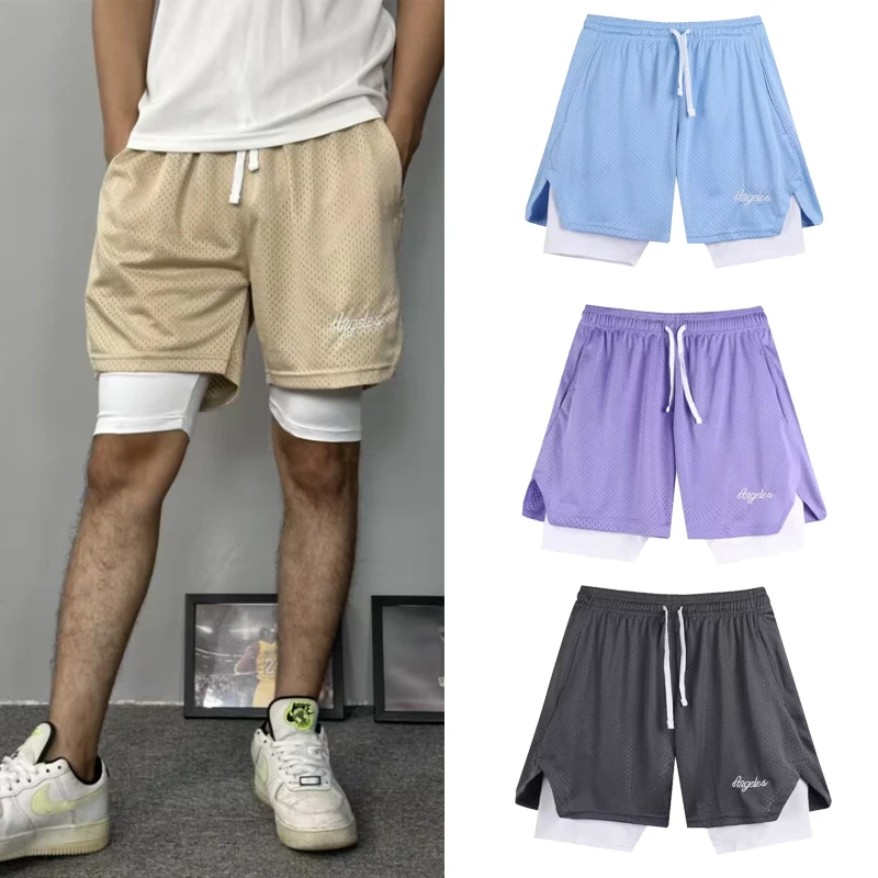 三分短裤男夏季宽松冰丝裤男女士薄款休闲速干跑步运动夏天带内衬