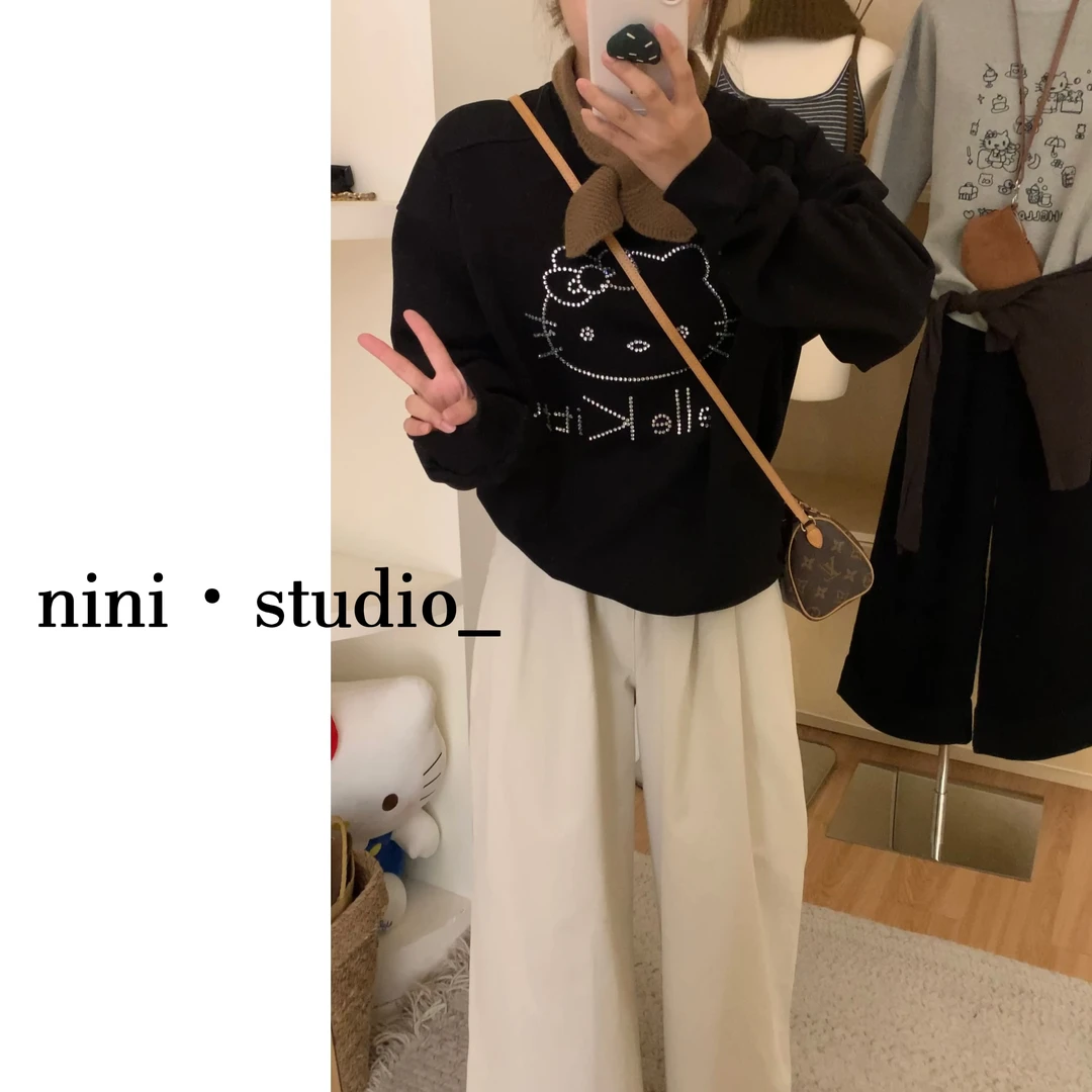 nini·烫钻凯蒂韩系简约ins风宽松卫衣