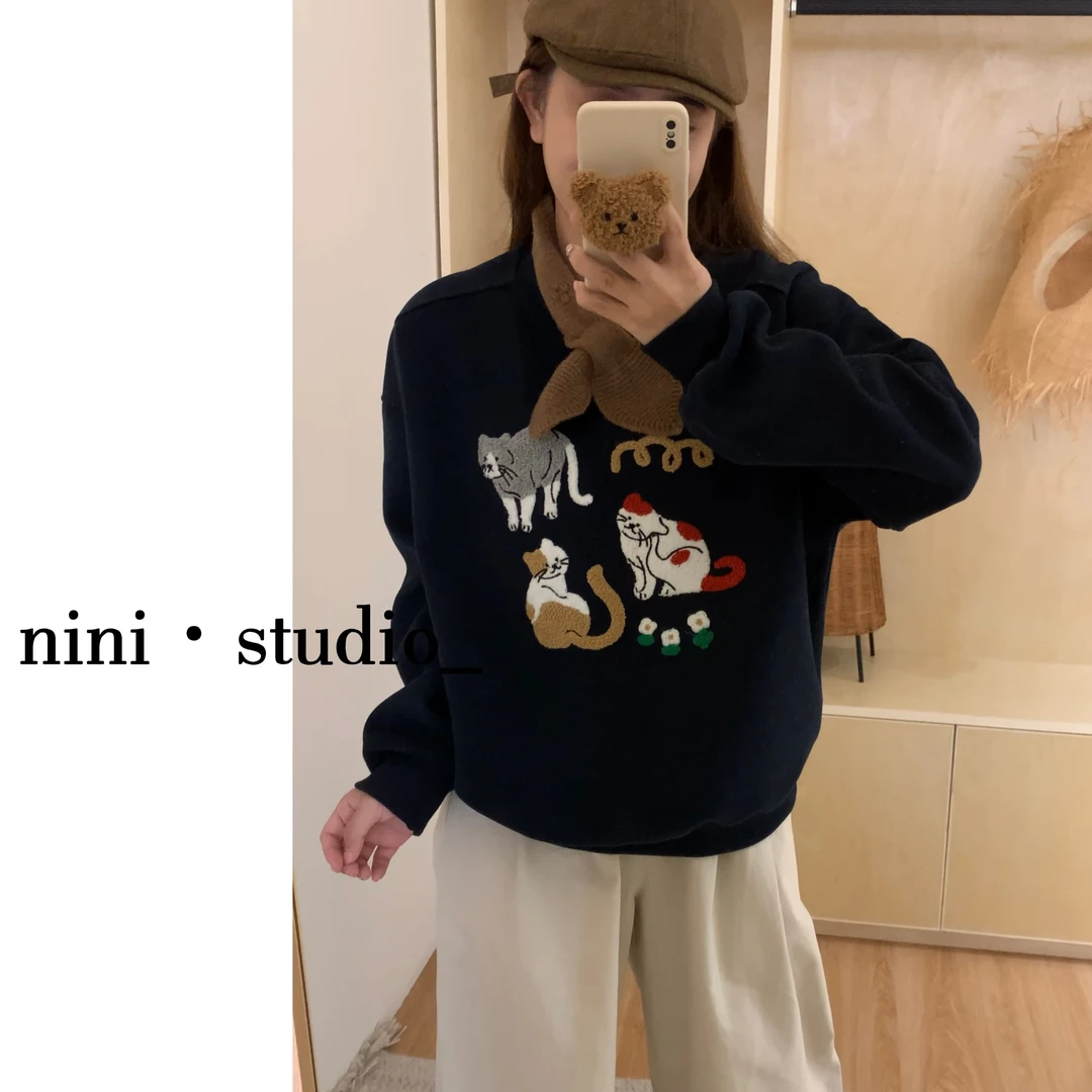 nini·甜美猫猫刺绣重工韩系ins风宽松卫衣