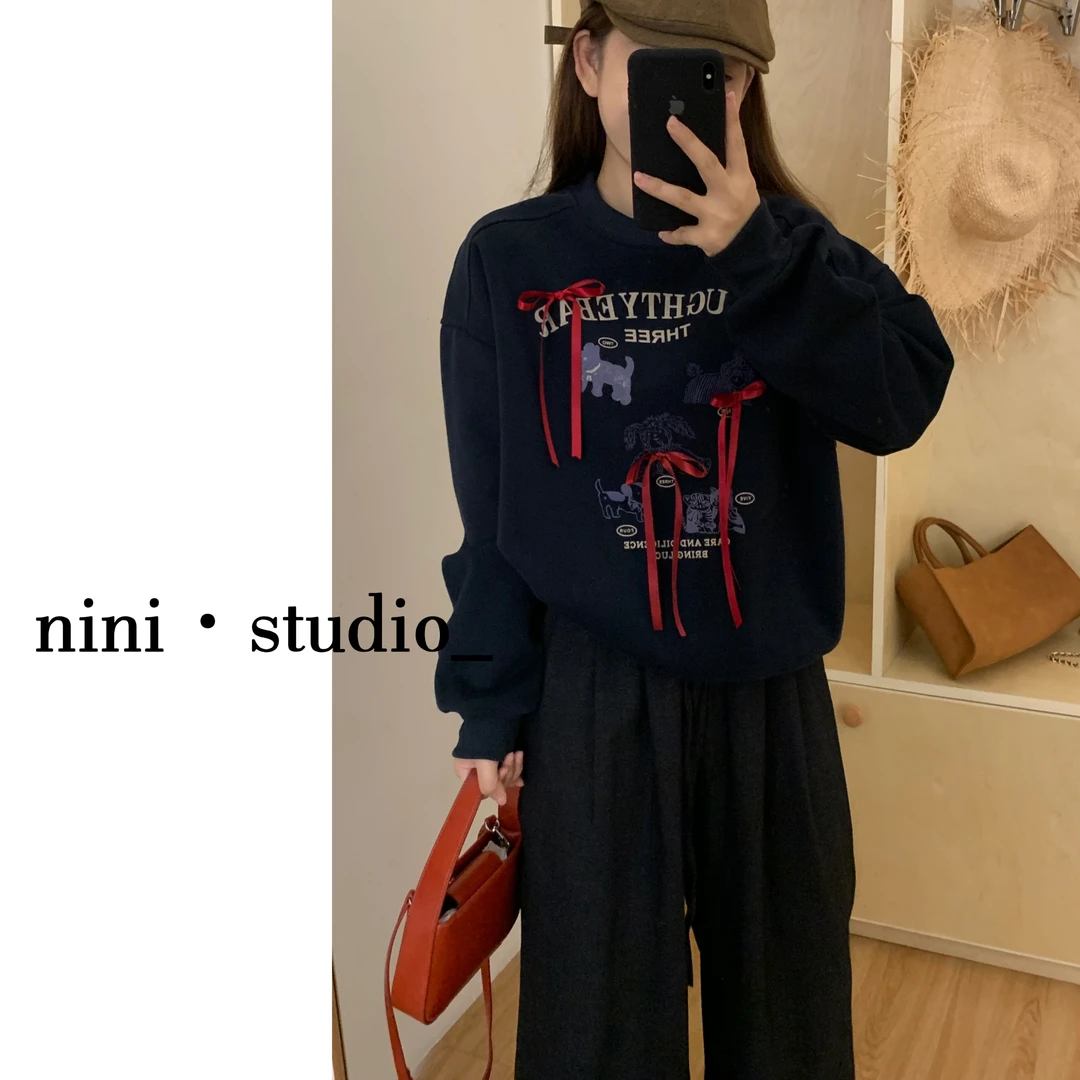 nini·小猫猫蝴蝶结趣味甜妹韩系ins风立体刺绣卫衣