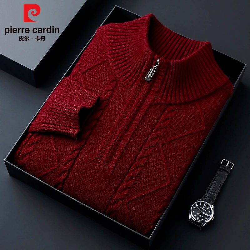 皮尔卡丹男士羊毛衫新款加厚红色毛衣秋冬款保暖针织打底衫爸爸装