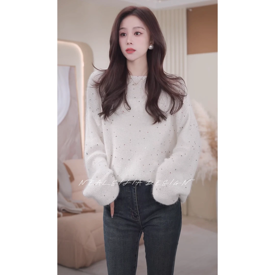 【艾文楠楠-北极星】2024秋冬女新款爆款气质显瘦亮片针织百搭毛衣