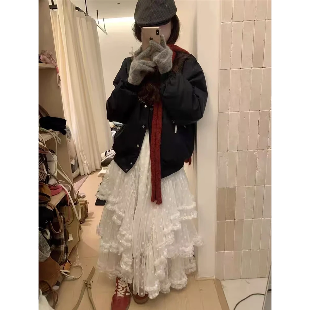 韩系冬季新款高腰蛋糕半身裙女时尚甜美拼接蕾丝木耳边长裙
