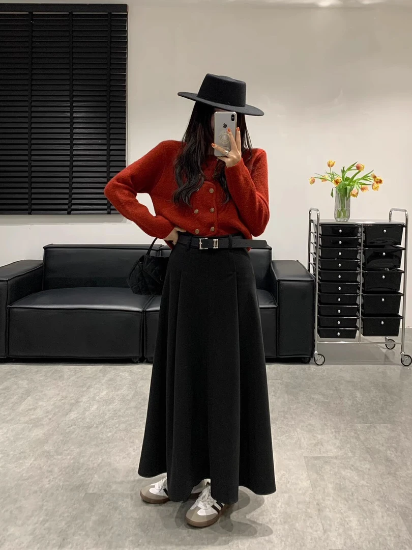 (配腰带)时尚高腰2023冬季新款上新高品质呢料宽松鱼尾长款半身裙