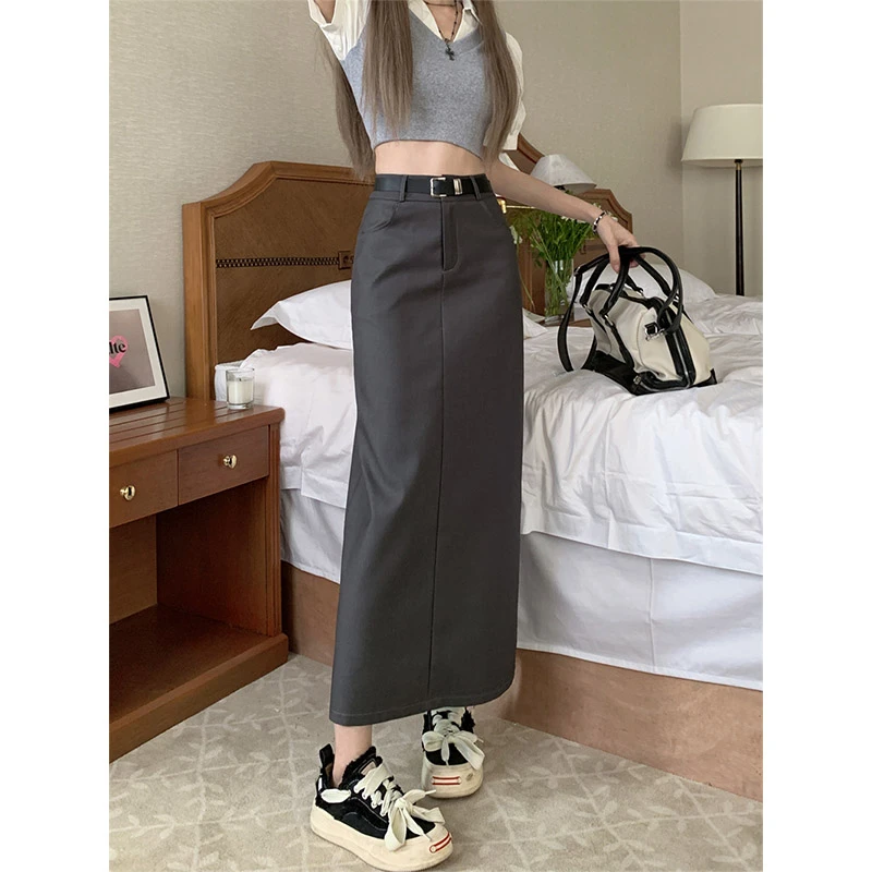 灰色西装高腰显瘦直筒半裙女2023春夏季新款百搭通勤中长款半身裙