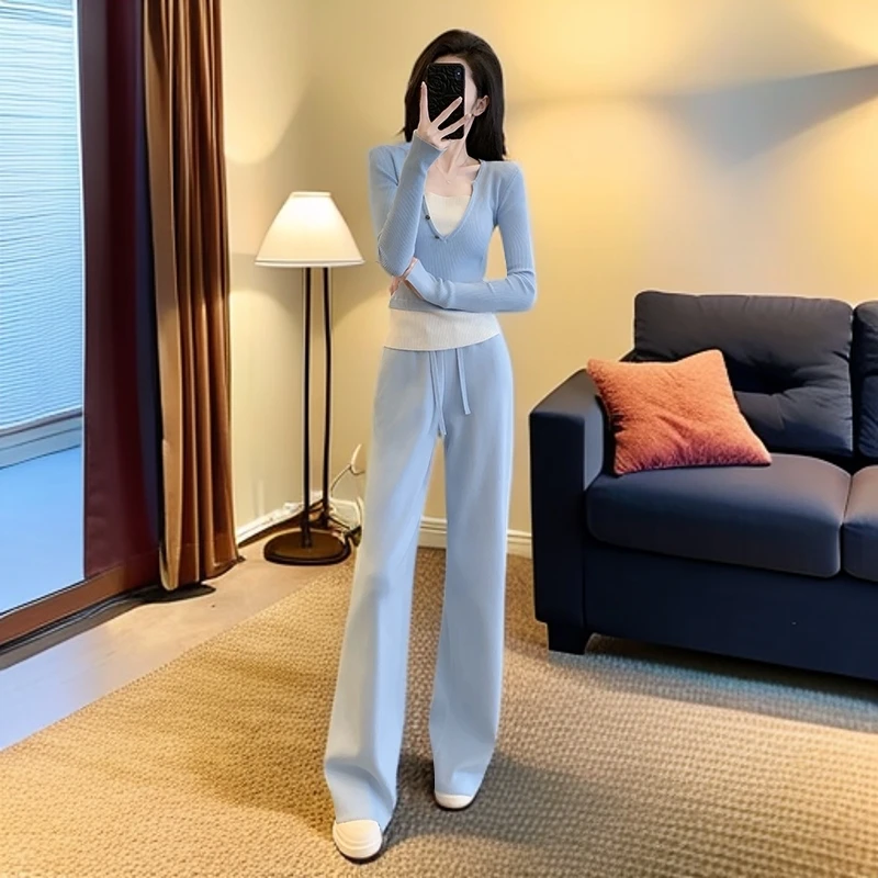 时尚休闲套装女秋新款蓝色针织衫显瘦修身洋气紧身衫直筒裤两件套