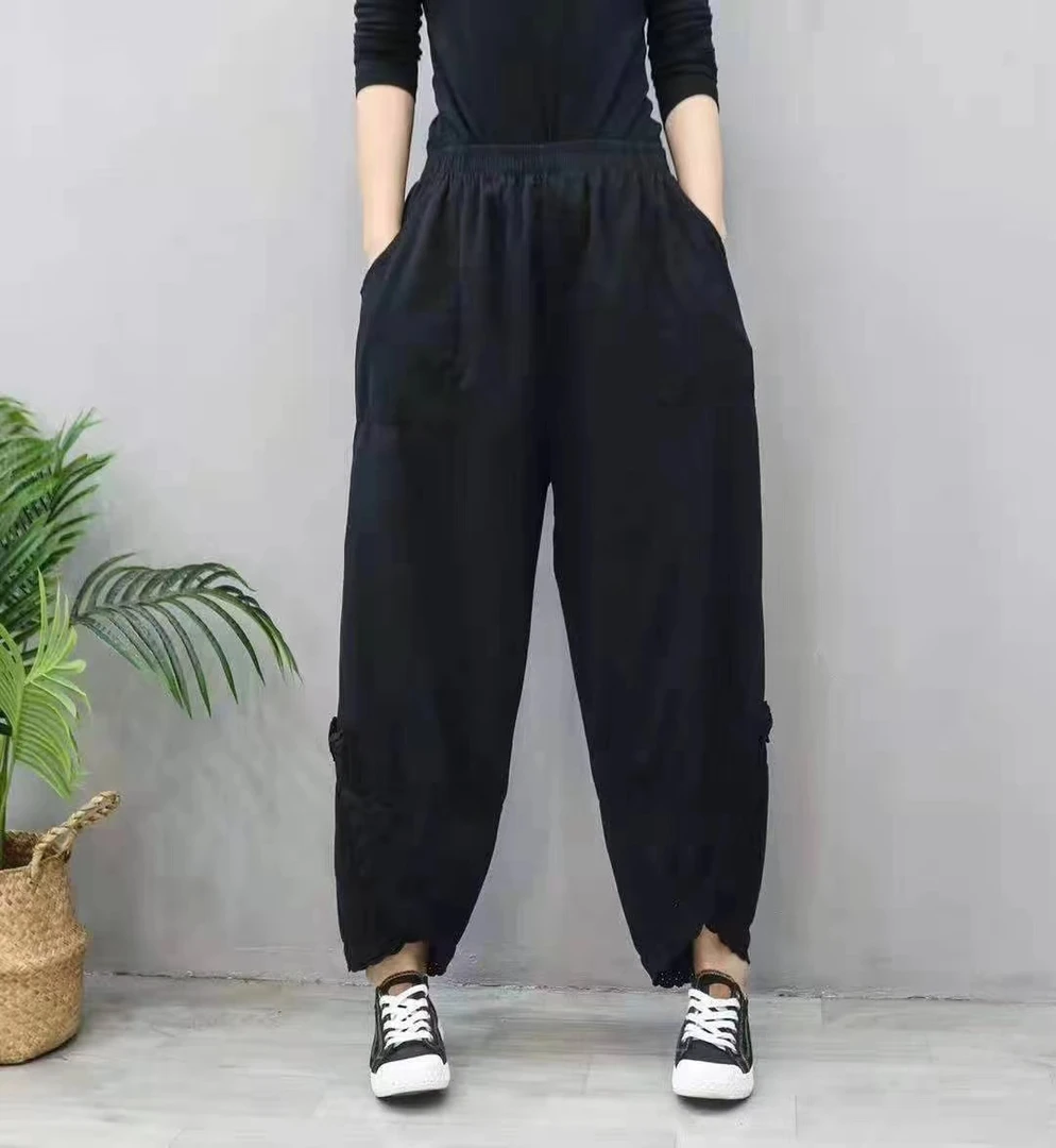 鱼嘴裤春夏款民族风高密度棉脚口花边带蝴蝶结百搭时尚女裤TZXN