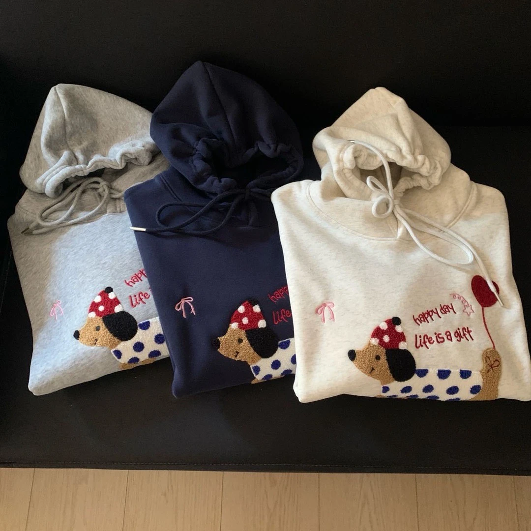 冬季加绒连帽卫衣女腊肠狗刺绣宽松甜美少女风1576