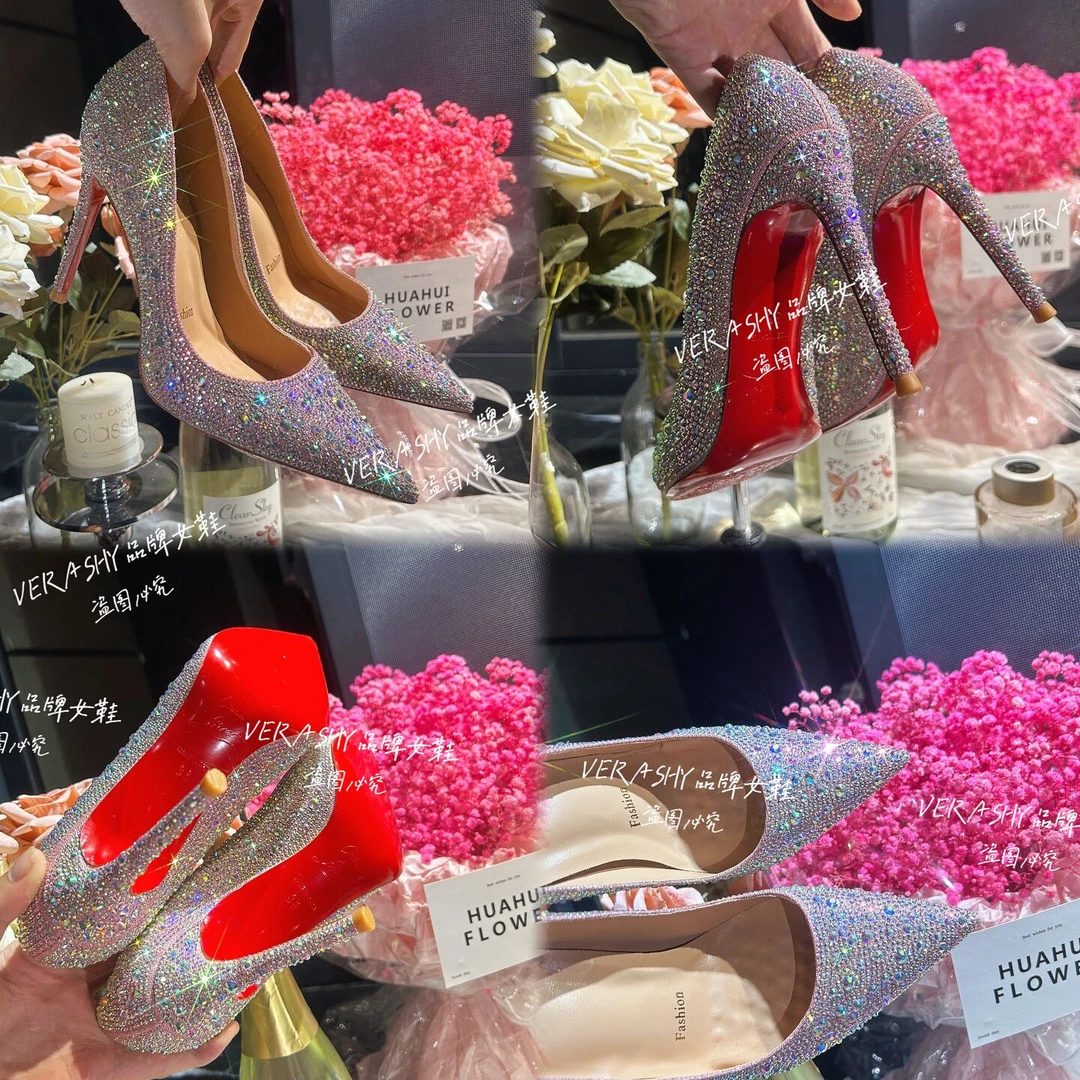 【人鱼公主】2025新款满钻粉色高级细跟尖头红底高跟鞋时尚单