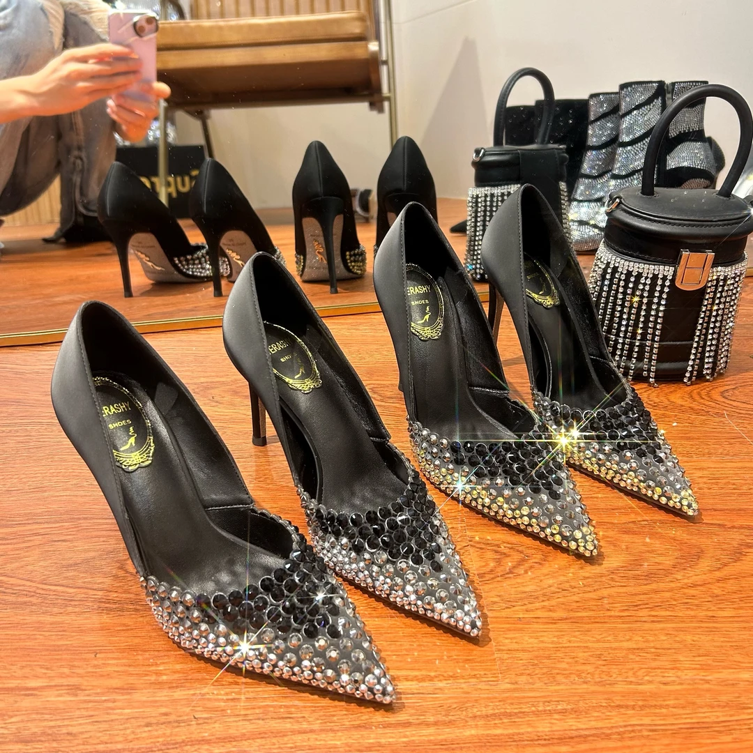 【黑金盛筵】2025新款满钻黑金高级细跟尖头高跟鞋气质时尚单