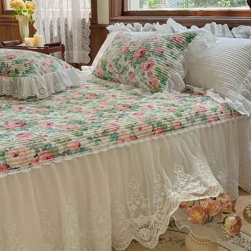 法式复古全棉夹棉床裙少女公主风小碎花蕾丝花边夹棉床罩枕套纯棉