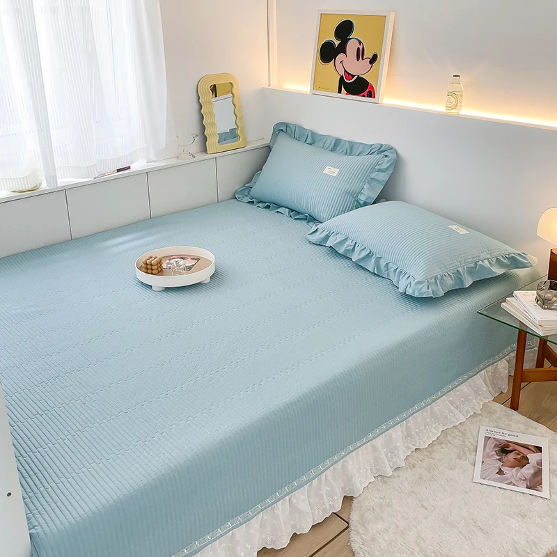 纯棉榻榻米床盖韩式花边夹棉大炕单四季全棉炕盖套罩定制简约纯色