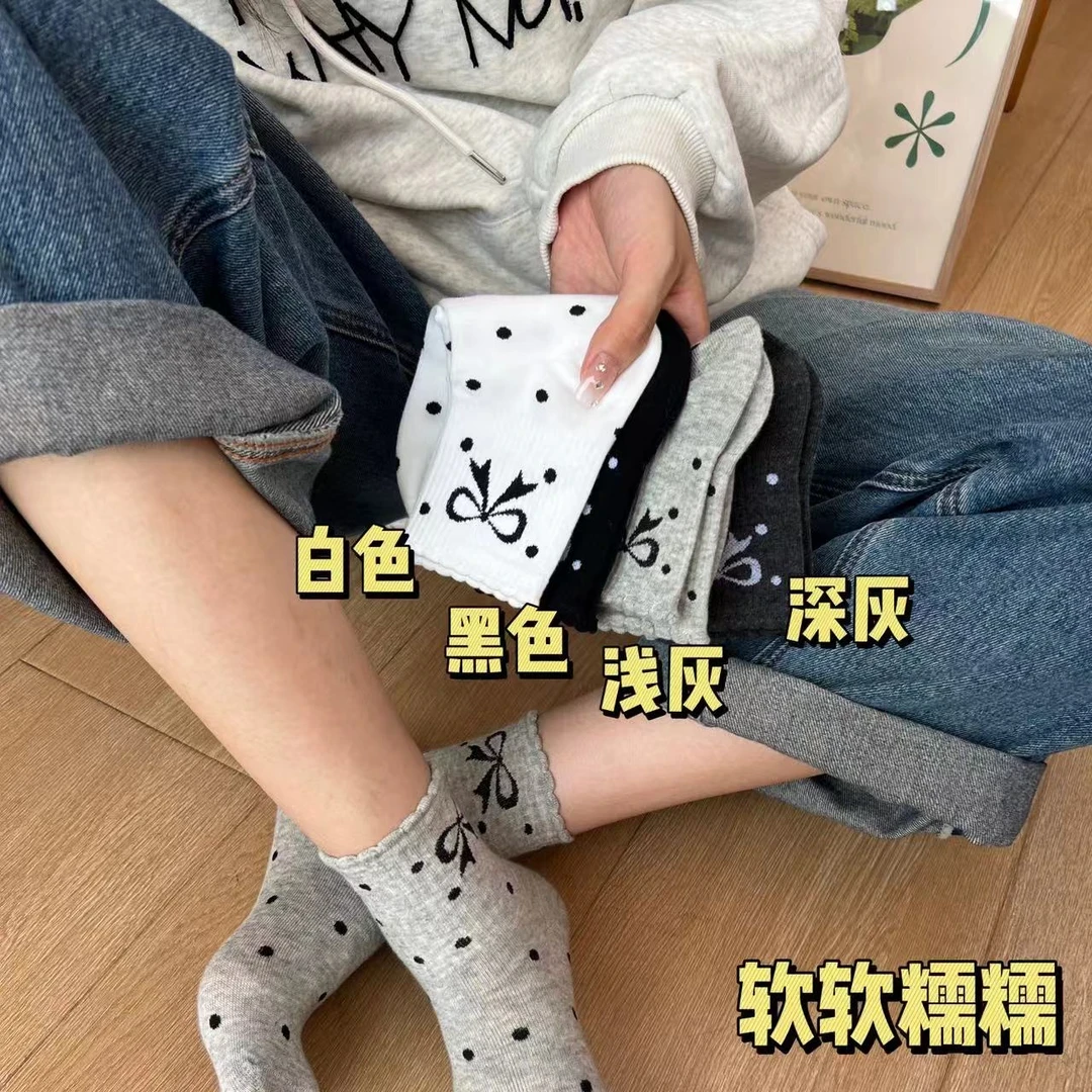 秋冬女袜波点花边网红蝴蝶结中筒袜百搭潮袜学院风女袜日系JQ