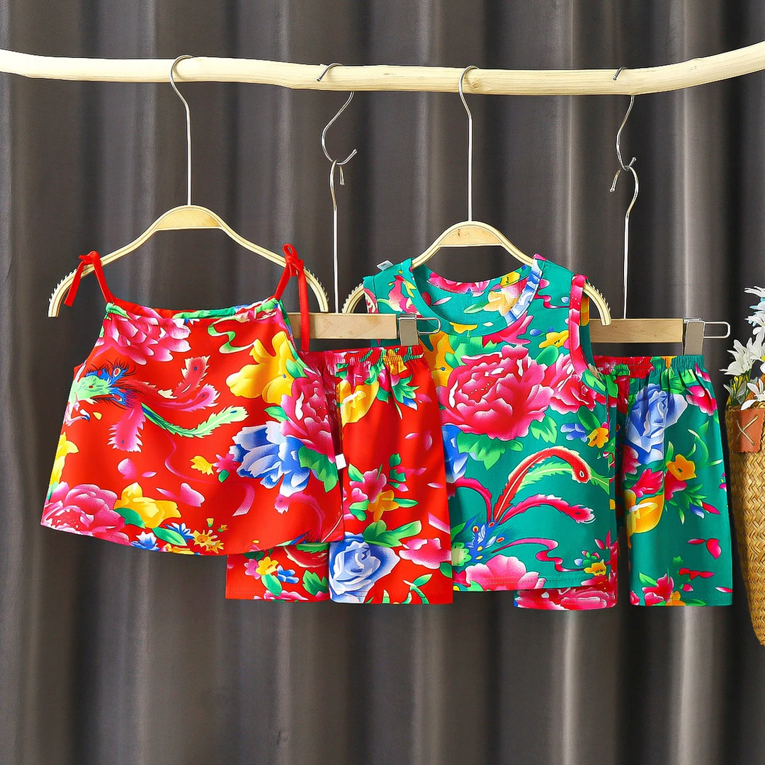 儿童背心套装夏季吊带男宝女宝东北大花棉绸短裤两件套宝宝家居服