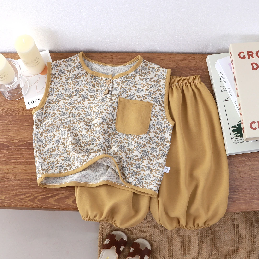 新中式夏季薄款儿童家居服两件套男女宝宝洋气无袖背心束腿裤套装