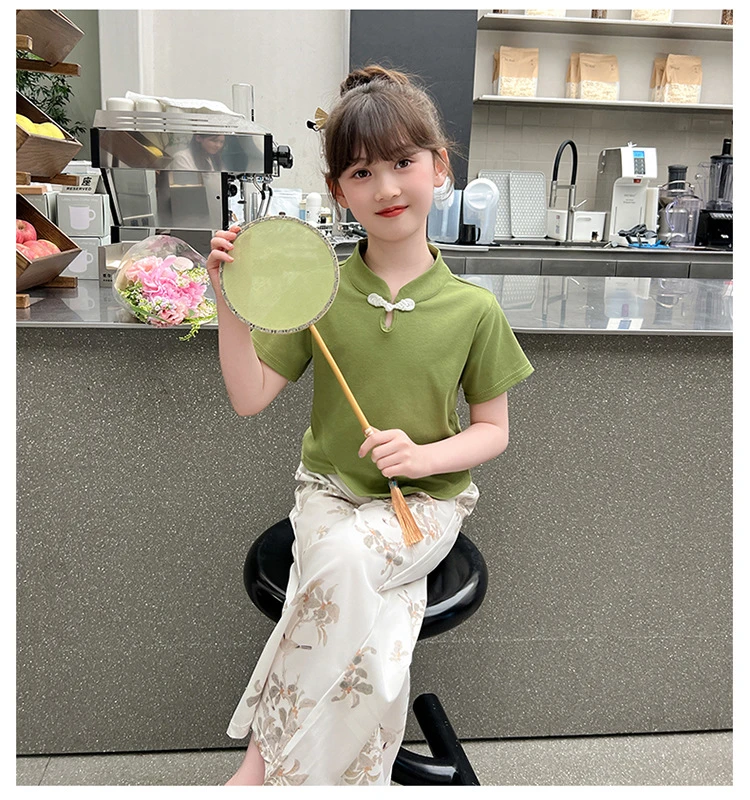 女童国风短袖T恤夏款盘扣中式套装女孩夏季国潮童装两件套阔腿裤