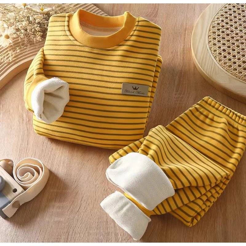 儿童条纹加绒保暖内衣套装2025冬天新款加厚男女童打底秋衣秋裤