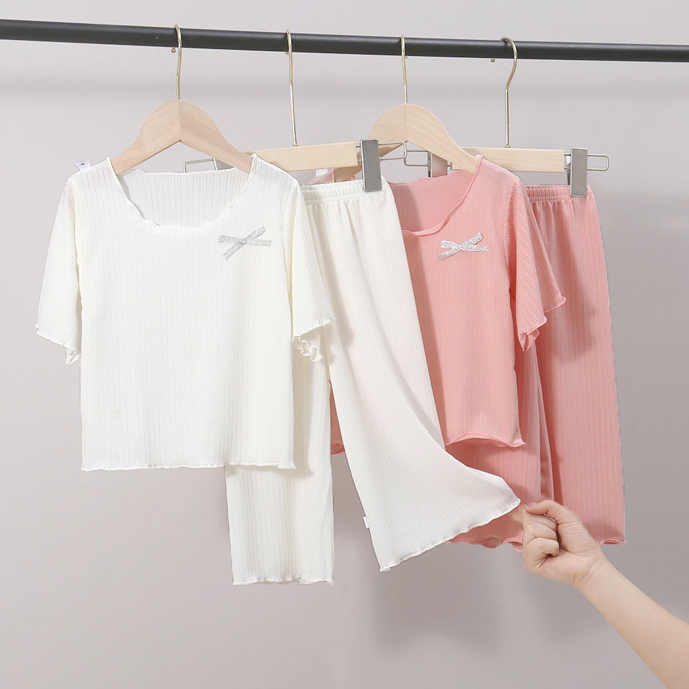 儿童家居服夏季纯色短袖套装女童荷叶边弹力女孩木耳边空调服童装