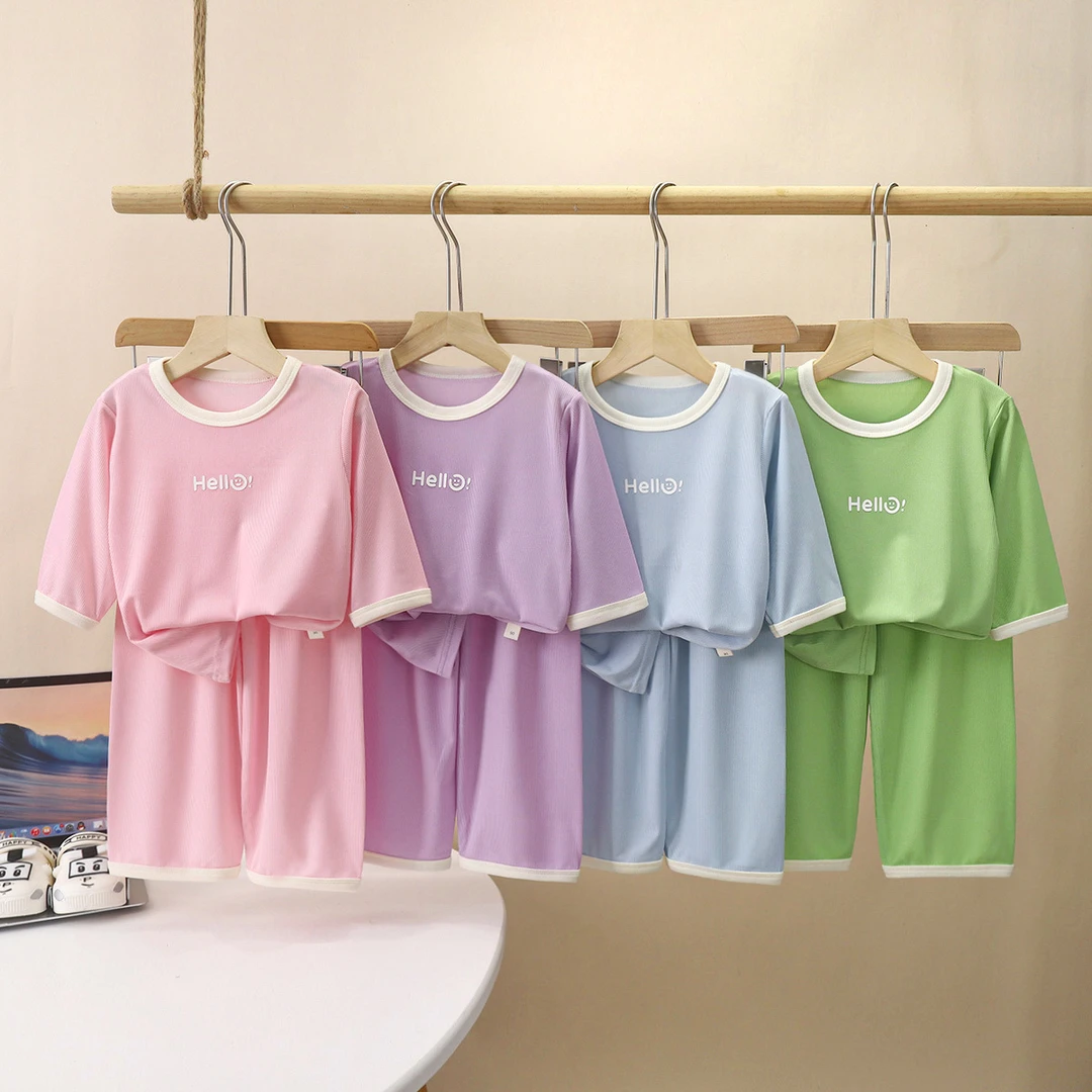 夏季新款儿童款睡衣空调服套装男女童冰感宝宝纯色宽松分袖家居服