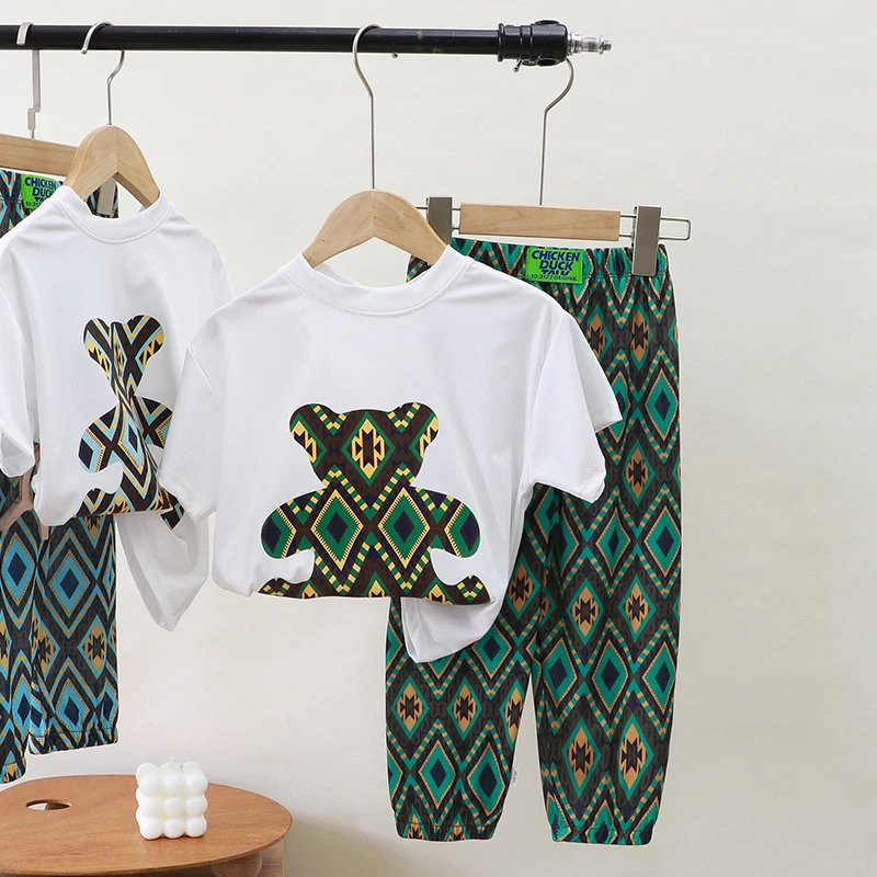 儿童夏季中小童短袖T恤男女童居家服防蚊裤两件套印花儿童款套装