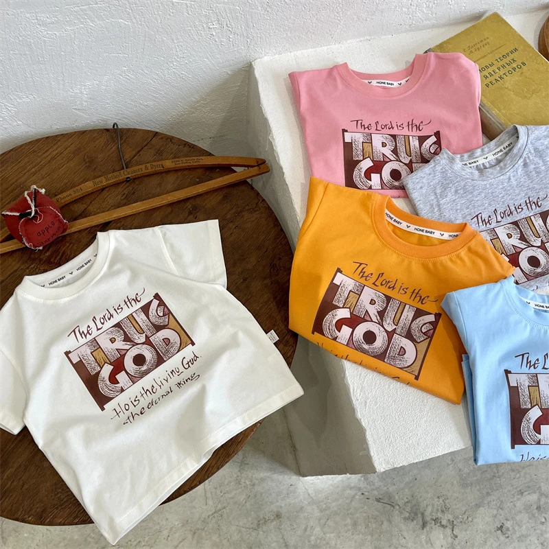 2024童装新款儿童宽松短袖T恤男女童夏季上衣宝宝字母印花半袖薄