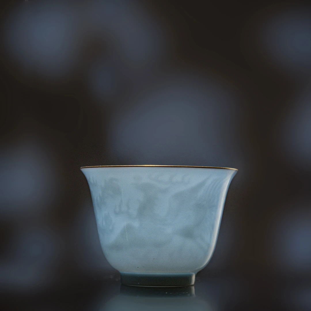 清本源天蓝釉凤求凰描金铃铛杯口径6.1高4.9满容60c重21g复古家用