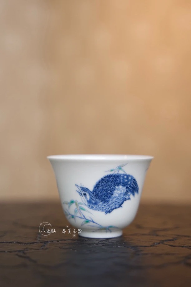 六逸堂青花斗彩福宁双安品茗杯口径6.6高度4.7满容75毫升