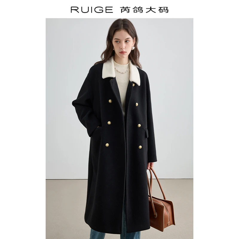 【福利款】黑色毛呢大衣外套女2023爆款秋冬季胖mm高级感中长款