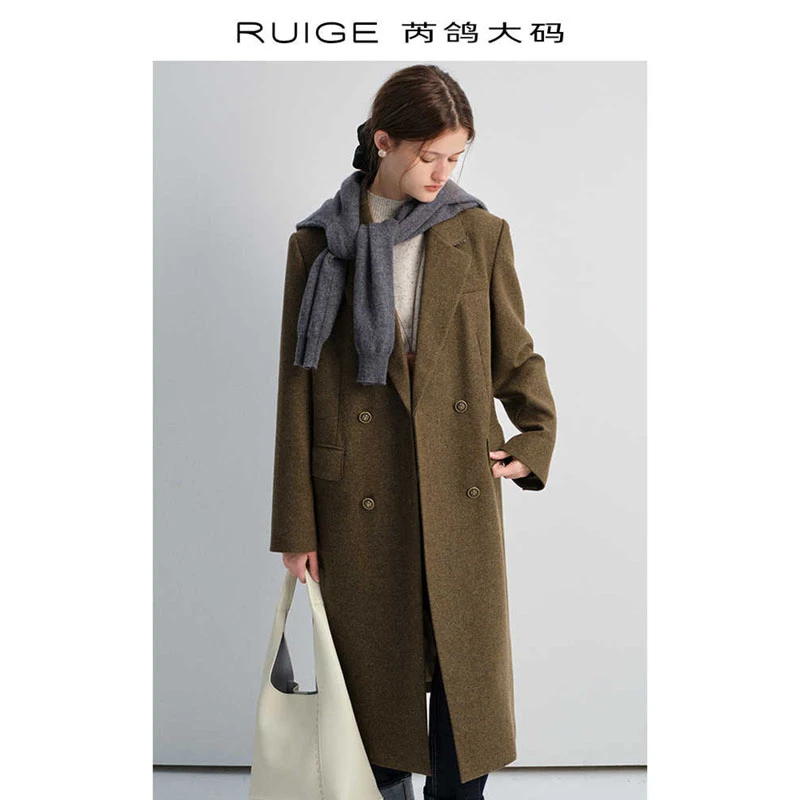 芮鸽大码女装 翻领西装毛呢外套2024女冬季复古高级感气质长大衣
