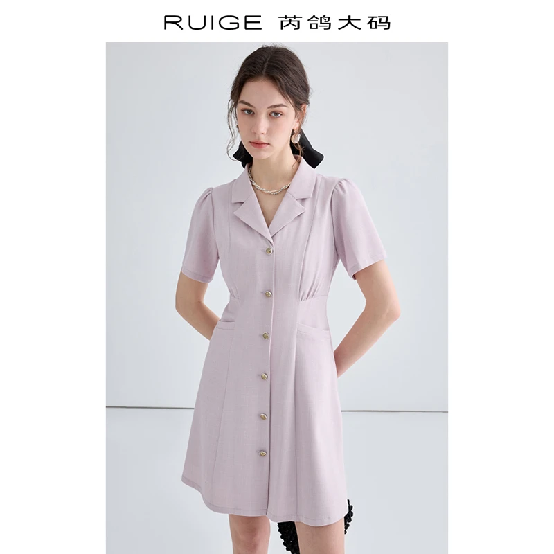 芮鸽大码短袖西装领连衣裙新款女夏季女装轻奢高级感收腰显瘦短款