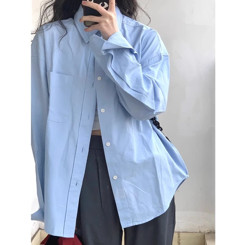 【杭州好货】设计感高级蓝色衬衫女士衬衣外套上衣春秋季新款小众