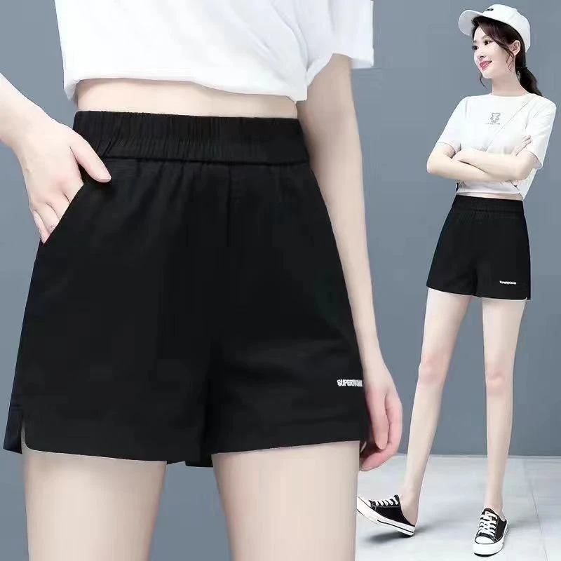 夏季黑色纯棉短裤女修身显瘦时尚阔腿薄款百搭松紧腰三分休闲裤
