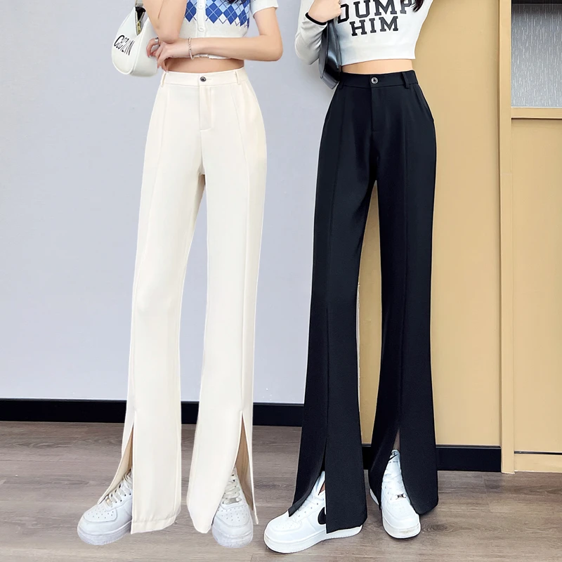 窄版冰丝阔腿裤女夏季薄款2025新款小个子高腰显瘦开叉西装微喇裤