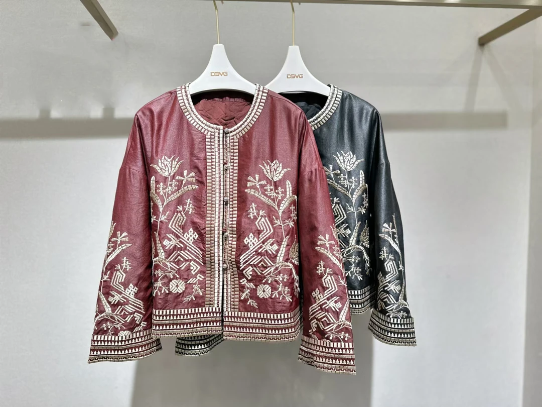 2024秋冬新款香云纱100桑蚕丝重工刺绣新中式夹棉外套