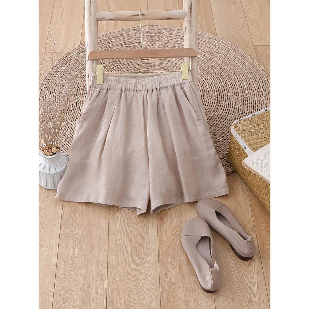 夏季新款苎麻短裤凉感高腰显瘦杏色休闲阔腿裤百搭文艺双层裤子女