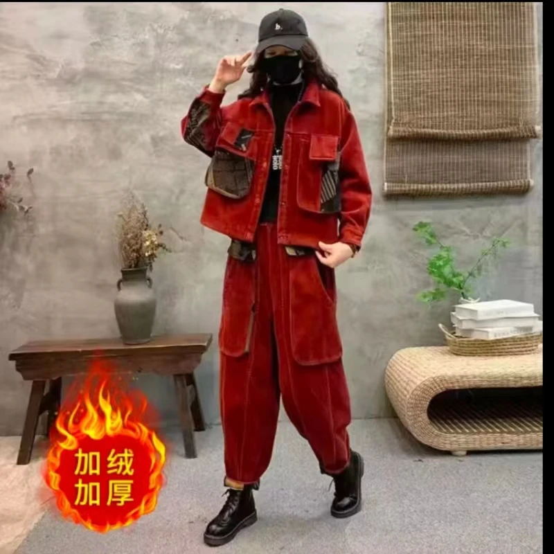 冬季新款灯芯绒时尚休闲显瘦复古宽松套装 百搭秋冬网红加厚加绒