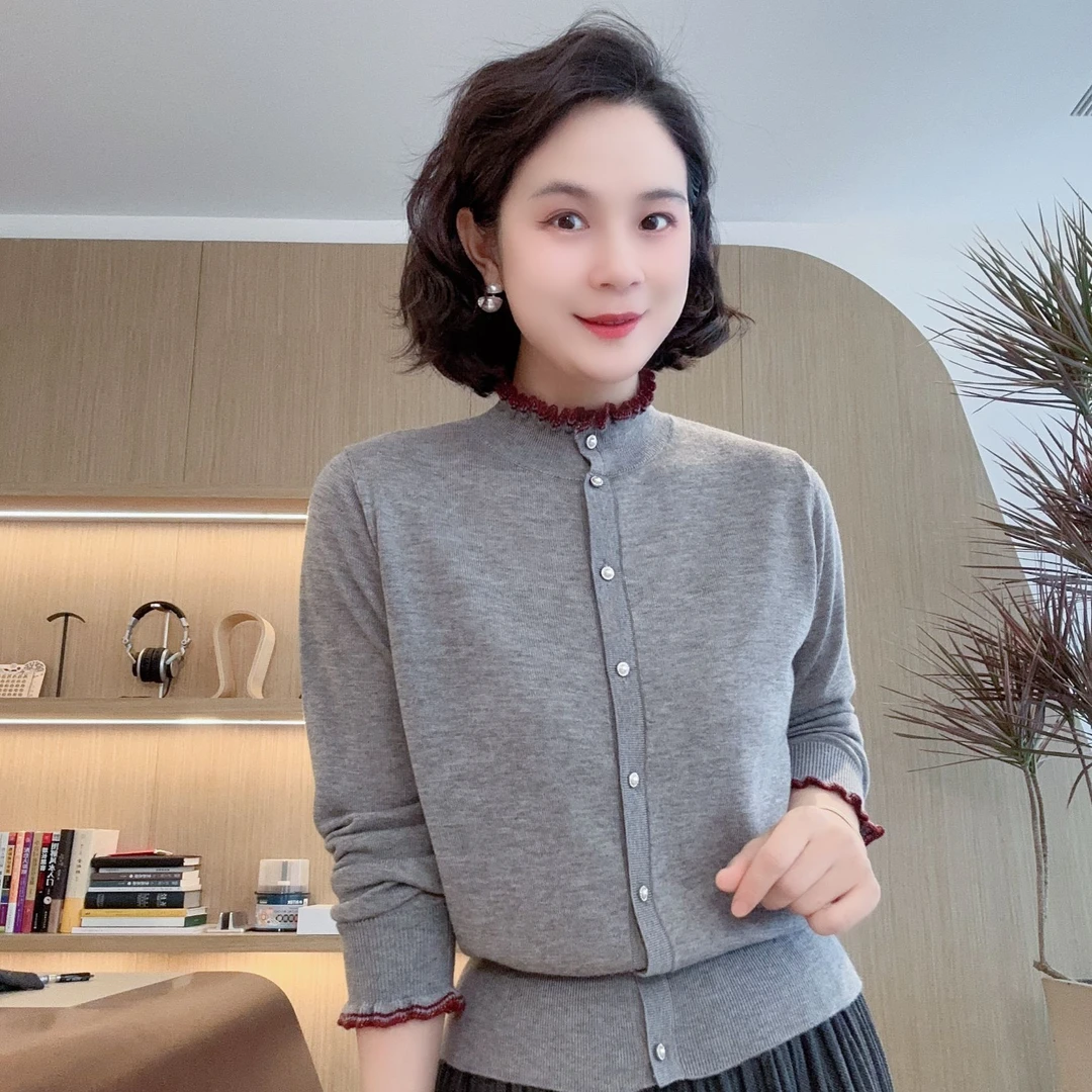 【窈窕淑女】长袖木耳领针织开衫小立领秋冬新款#GT7991