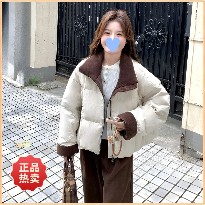 羽绒户外棉服2024冬季新款休闲百搭立领灯芯绒撞色保暖短棉衣棉袄