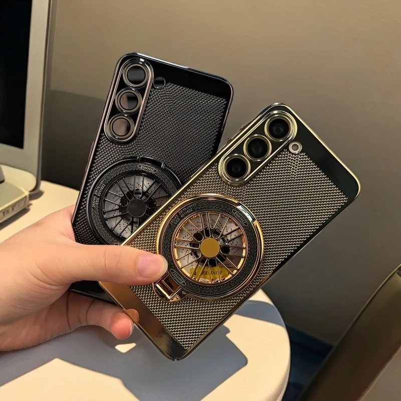 【旋转陀螺支架+高清镜头膜】适用三星S23+超薄散热手机壳电镀硬壳