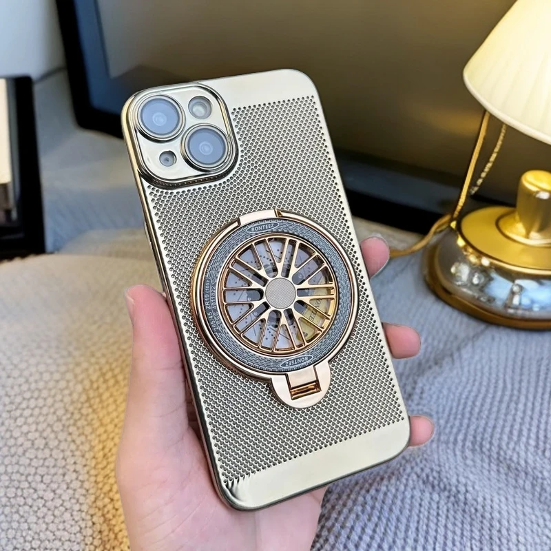【旋转陀螺支架+带高清镜头膜】适用苹果15超薄散热手机壳电镀硬壳