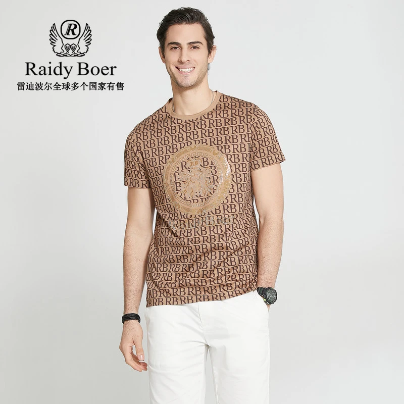 Raidy Boer/雷迪波尔男夏新烫钻印花LOGO纯棉圆领短袖T恤7063